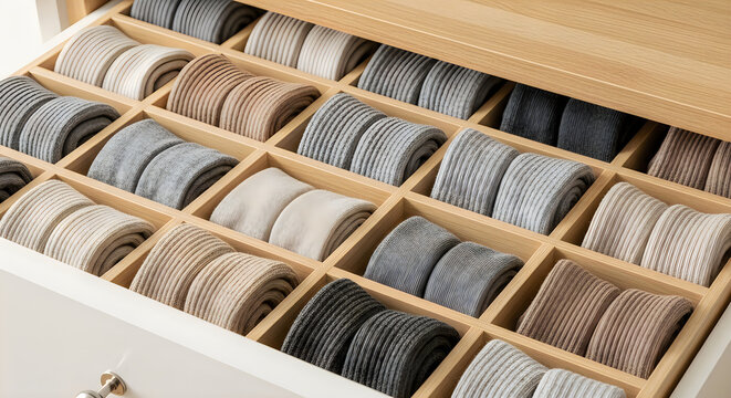 Organized drawer with neatly folded and compartmentalized socks in various colors