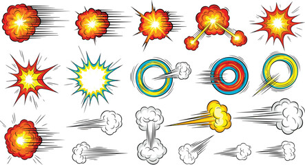 Comic Explosion Effect Vector Icon Set with Cartoon Blast Burst Smoke Speed Lines Impact Symbols for Game Animation Action Graphics and Visual Effects Design © Shilpi
