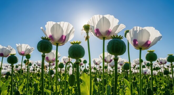White Opium Poppy Field with Seed Pods Under Sunny Blue Sky