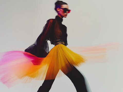 Dynamic runway portrait of elegant model in black sheer top and vivid yellow flowing skirt with motion blur. Ideal for fashion promotion editorial design and premium branding.
