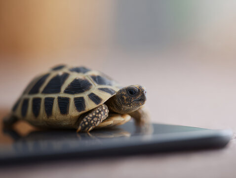 Turtle on smartphone screen close up with detailed shell pattern and soft background light creating calm mood
