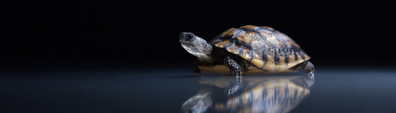Turtle reflection on smooth surface with dark background showing detailed shell and head