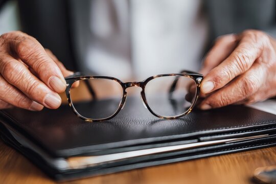 POV close-up of elegant senior hands placing reading glasses on a blank leather portfolio on a wooden desk.