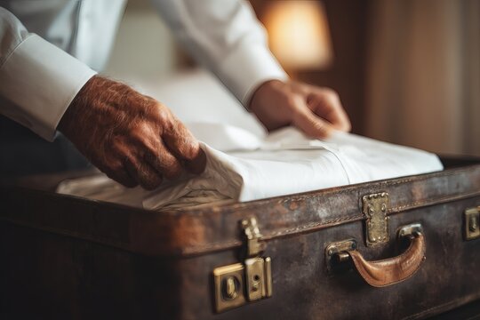 POV close-up of elegant senior hands packing a white linen shirt into a vintage leather trunk.
