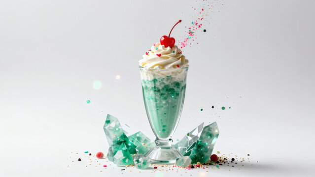 Milkshake menthe verte cr&egrave;me fouett&eacute;e cerise et cristaux d&eacute;coratifs fond blanc