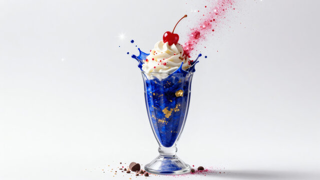 Milkshake bleu cr&egrave;me fouett&eacute;e cerise et paillettes or fond blanc