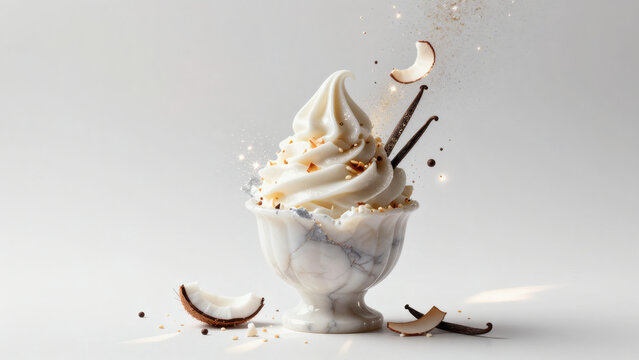 Glace soft serve coco vanille dans bol marbre fond blanc