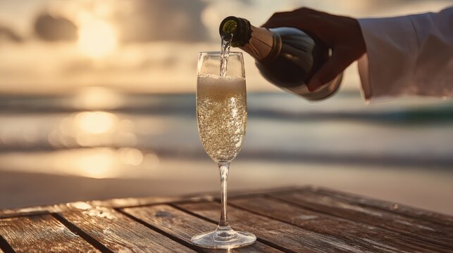 Macro POV of a server pouring champagne into a crystal flute on a private beach at sunset.