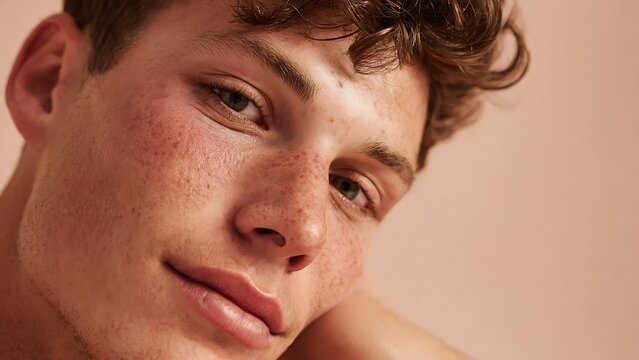 Close-up portrait of a young male model with acne-prone skin in warm tones, emphasizing real skin texture.