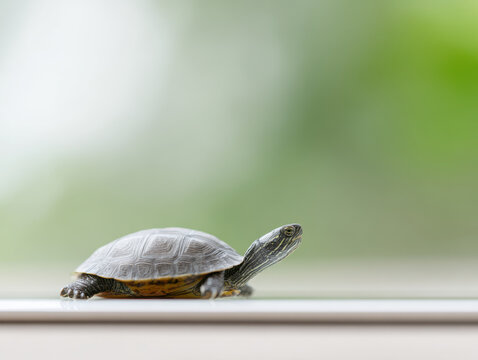 Turtle on smooth surface with green blurred background showing detailed shell and head
