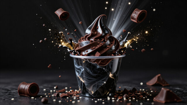 Glace soft serve chocolat dans tasse morceaux chocolat et &eacute;tincelles fond sombre