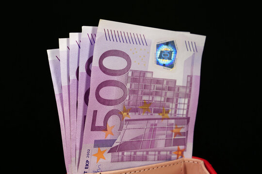 Euro banknotes, EUR. European Union money. 2500 Euros in five 500 euro banknotes. Cash, finance, savings, wealth