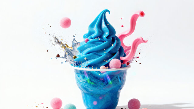 Glace soft serve bleue gobelet plastique swirls bonbons roses et paillettes color&eacute;es