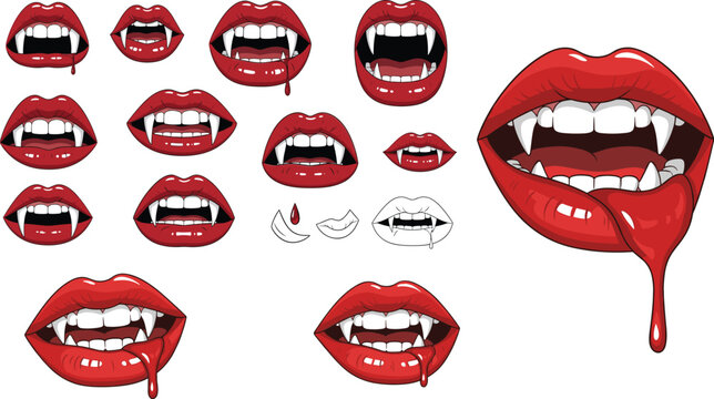 Vampire Lips with Blood Drips and Sharp Fangs Horror Halloween Mouth Expression Set Gothic Red Lip Bite Vector Illustration Collection
