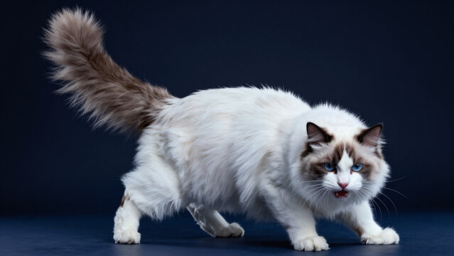 Chat ragdoll en posture d&eacute;fensive dos arqu&eacute; sur fond bleu fonc&eacute;