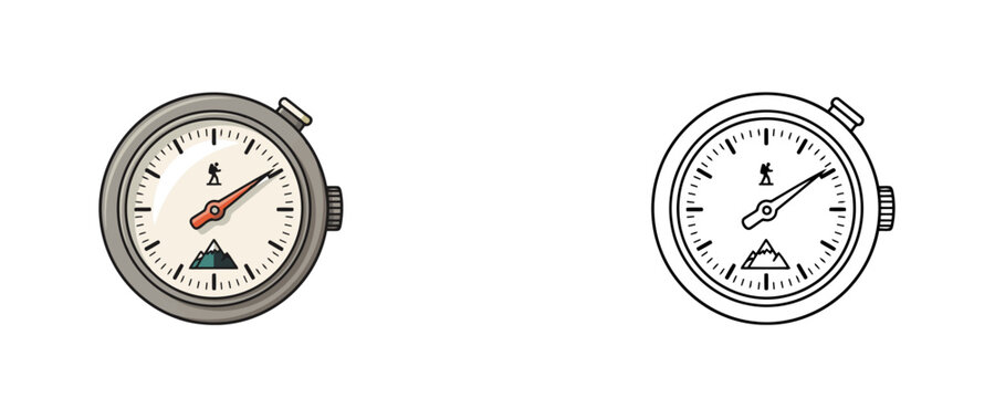 Colored and black outline climbing altimeter illustrations in cartoon and line art styles with grey metal frame and mountaineer icon for altitude measurement on white background