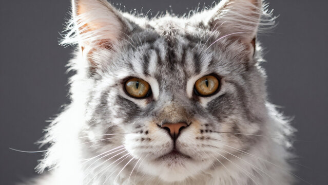 Portrait gros plan d'un maine coon isol&eacute; sur fond gris, eclairage diffus, G&eacute;n&eacute;rative IA, 