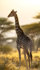 Obraz premium Sunrise serenity giraffe portrait peaceful savannah wildlife bathed in golden light elegance