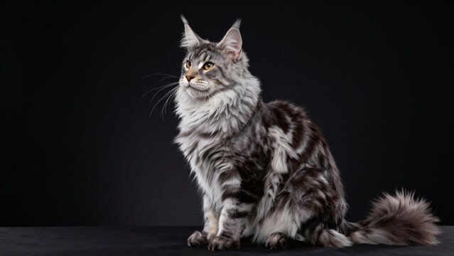 Portrait d'un maine coon assis. Image studio sur fond noir. 