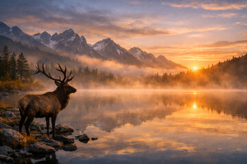 Fototapeta premium A majestic elk stands by a misty lake at sunrise, with rugged mountains in the background.