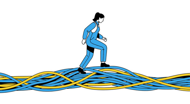 Woman navigating a tangled web of blue and yellow network cables, symbolizing complex digital infrastructure, data management, and technological challenges.