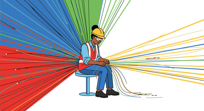 Worker in hard hat surrounded by colorful data streams, representing information overload or complex systems