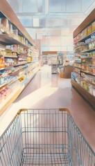 Fototapeta premium Everyday grocery shopping a calming watercolor illustration of aisles and products viewed from below