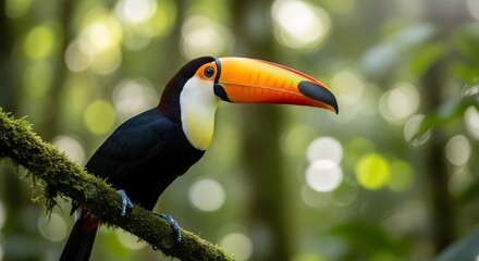 Naklejka premium Stunning toco toucan portrait a colorful bird among lush rainforest animals