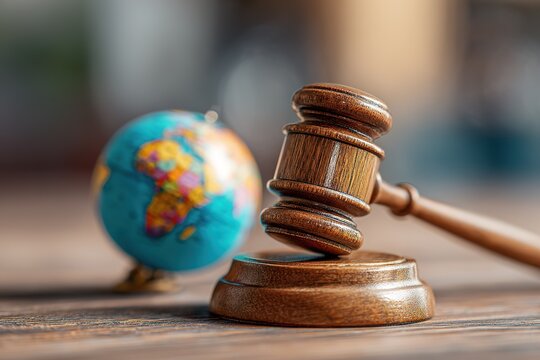 Wooden gavel and blurred globe on rustic table symbolizing international law justice global court and judicial authority.