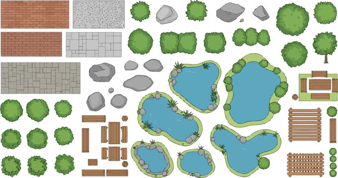 Landscape design elements garden planning kit top view vector illustration set with ponds trees bushes furniture and paths for architectural mapping
