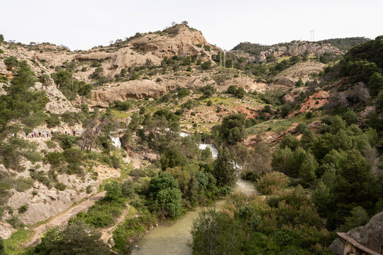 R&iacute;o Guadalhorce con paisaje verde en el entorno del Caminito del Rey