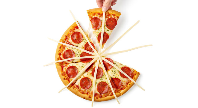 Pepperoni pizza cut into slices with toothpicks on white background