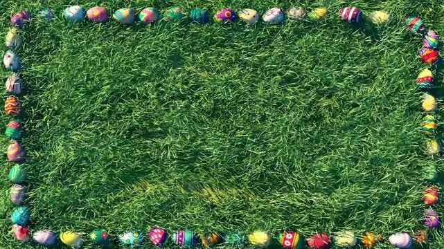 Vibrant Easter eggs forming a colorful rectangular frame on fresh green spring grass, perfect for holiday celebration backgrounds and seasonal themes