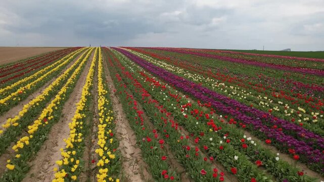 Spring brings a spectacular display of tulip flowers of Flevoland in the Netherlands