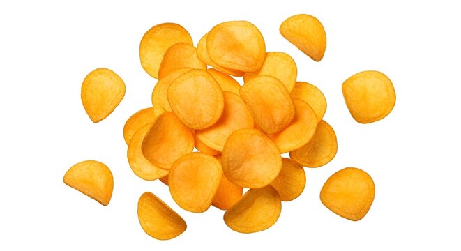 Top view of crispy salted potato chips isolated on white background for food marketing and advertising