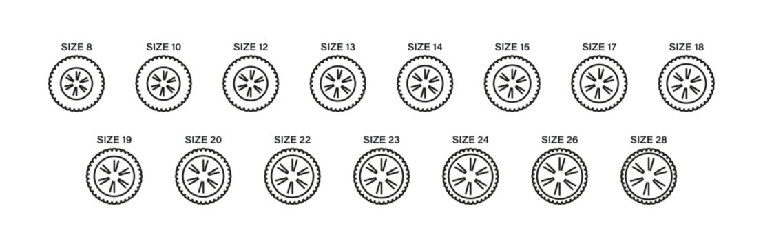 Automotive Tire Size Chart and Car Wheel Diameter Icon Set