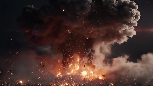 A dramatic explosion erupts with intense heat and debris, creating a visually striking and powerful scene of destruction and energy.