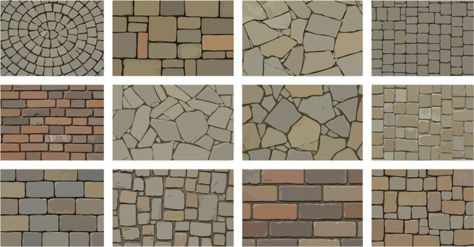 Paving stone textures collection with various masonry patterns flat vector illustration seamless architectural diverse shapes vector set