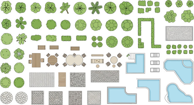 Landscape design elements set with garden plan symbols top view architectural vector trees pools furniture and paving patterns