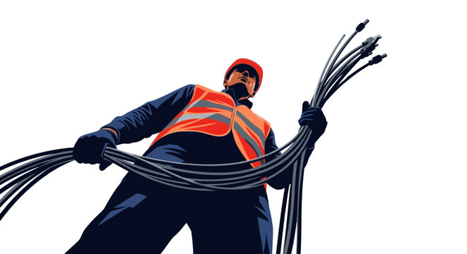 Essential worker in protective gear holding a massive bundle of electrical or fiber optic cables, representing modern infrastructure and connectivity solutions.