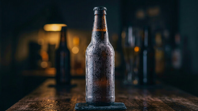 Botella de cerveza helada con gotas de agua, fondo oscuro desenfocado, luz dram&aacute;tica, estilo publicitario premium.