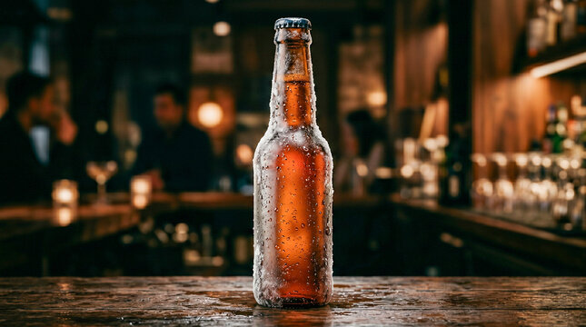 Botella de cerveza helada con gotas de agua, fondo oscuro desenfocado, luz dram&aacute;tica, estilo publicitario premium.