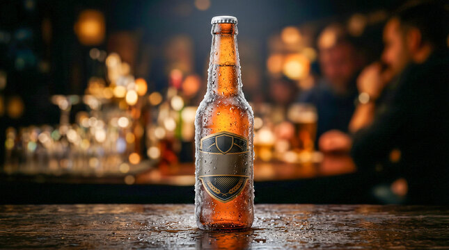 Botella de cerveza helada con gotas de agua, fondo oscuro desenfocado, luz dram&aacute;tica, estilo publicitario premium.