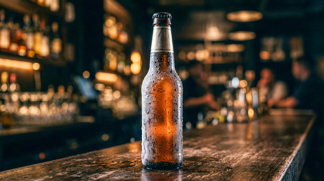 Botella de cerveza helada con gotas de agua, fondo oscuro desenfocado, luz dram&aacute;tica, estilo publicitario premium.