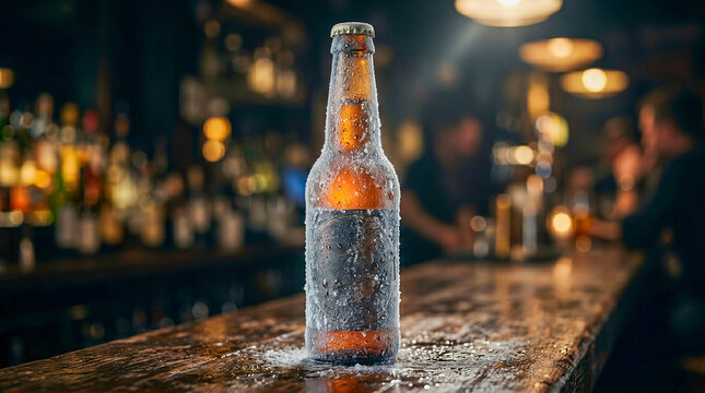 Botella de cerveza helada con gotas de agua, fondo oscuro desenfocado, luz dram&aacute;tica, estilo publicitario premium.