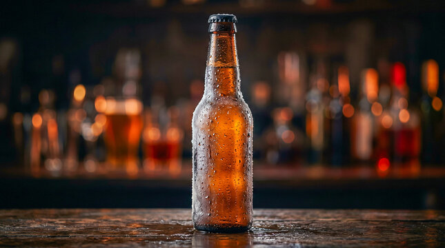 Botella de cerveza helada con gotas de agua, fondo oscuro desenfocado, luz dram&aacute;tica, estilo publicitario premium.