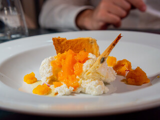 Gourmet modern cheesecake elegant nouvelle cuisine plated dessert. © MalaikaCasal