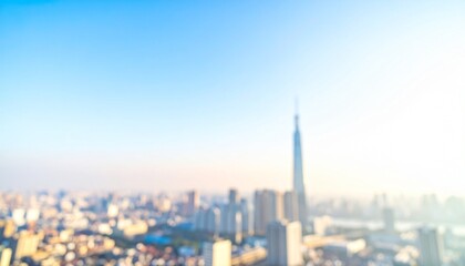 Naklejka premium 青空の下の都市景観 ぼやけた写真のイメージ画像