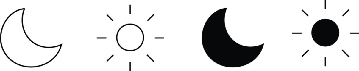 Four icons of moon phases and sun with rays  crescent moon  new moon  full moon  sun with rays © image.designer