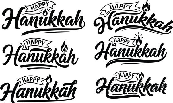 Happy Hanukkah holiday greeting card design elements with calligraphy text and candle flame  Jewish festival symbols